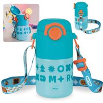 Garrafa Termica Infantil Kids Azul 500 Ml em Aco Inox com Alca e Canudo em Silicone Ilus Escolar Mor