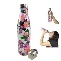 Garrafa Termica Inox 500ml Estampa Flores Florido Floral Dia a Dia Estudo Trabalho Academia Treino Corrida Caminhada Conserva Agua Gelada Suco Cha Res