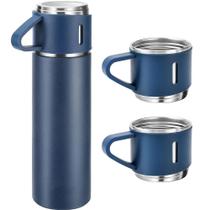 Garrafa termica vacuum 500ml aço inox - kit 3 xicaras azul