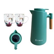 Garrafa Térmica Verde Chic Termometro Digital 1L Café Chá Nórdica C/ Cabo Madeira e Copo De Vidro Flores Secas Xicara Caneca