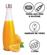 Garrafa Vidro Transparente 1 Litro P/ Geladeira Água Suco C/ Tampa Inox - tuut