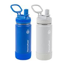 Garrafas de aço inoxidável ThermoFlask KIDS com tampa de palha, sem BPA, 16 Onças, 2 Conde (Blueberry/Wolf Grey)