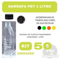 Garrafas PET 50 Unidades Transparente Cristal com Tampa e Lacre. Escolha a Cor e Capacidade Ideal!