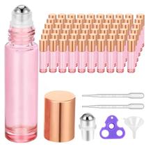 Garrafas rolantes PrettyCare, vidro rosa de 10 ml, pacote com 60 acessórios