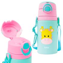 Garrafinha 400ml Infantil De Alúminio Com Canudo Cordinha E Trava De Segurança Animal Fun Buba