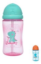 Garrafinha com Canudo e Tampa Dino de Patinete 340 ML Azul Rosa Buba