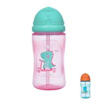 Garrafinha Dino de Patinete 340 ML Azul Rosa Com Canudo e Tampa Buba