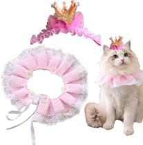 Gato Bandana para Gatos, Fantasias de Gato Princesa para Gatos, Cute Lace Dog Bandanas e Acessórios de Coroa de Gato para Gatos Cães Pequenos, Roupa Rosa para Festa de Aniversário