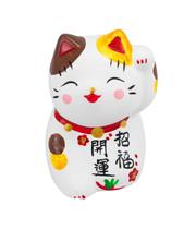 Gato Da Sorte Branco Escrita Chinesa Gesso 6.5cm