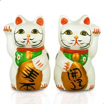 Gato da Sorte Manekineko Casal Cerâmica Branca 10,0 cm