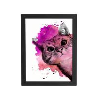 Gato Pet Animais Aquarela Rosa Quadro Moldura Preta 60X40Cm