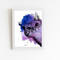 Gato Pet Animais Aquarela Roxo Quadro Moldura Branca 60x40cm