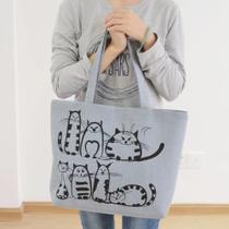 Gatos dos desenhos animados impresso praia saco com zíper moda feminina lona tote bolsas de compras