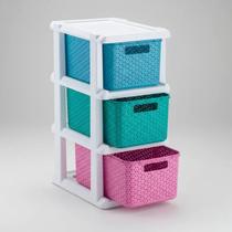 Gaveteiro 3 Gavetas Colorido Agraplast Estilo Ratan com Rodinhas Azul, Rosa e Verde Resistente e Moderno 1046 Agraplast