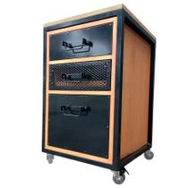 Gaveteiro de Madeira e Ferro Estilo Industrial com 3 Gavetas e 4 Rodízios Cores Preto e Canela