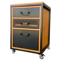 Gaveteiro Office Estilo Industrial - Ferro em Preto Eletrostático e Madeira Pinus Tonalidade Castanheira - 3 Gavetas e 4 Rodízios