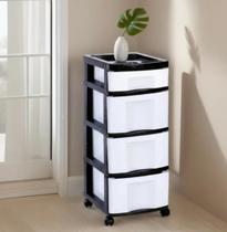 Gaveteiro Plástico Branco 4 Gavetas Rodízio Agraplast Cod.943 Preto e Branco Organizador Armário