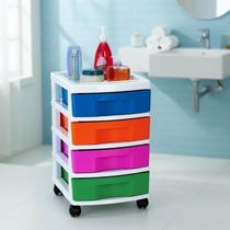 Gaveteiro Plástico Colorido 4 Gavetas Pequenas com Rodinhas Organizador Prático e Móvel Agraplast 581