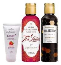 Gel Lubrificante K-Luby Morango + Óleo para Massagem Tia Leilah + Óleo para Massagem Mel Exotico