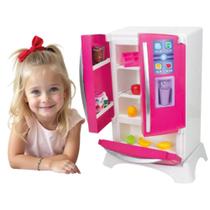 Geladeira de Brinquedo Infantil Rosa 2 Portas Utensílios e Alimentos em Miniatura