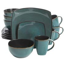 Gibson Elite Soho Lounge 16 Peça Reativa Glaze Dinnerware Set, Soft Square, Teal Green