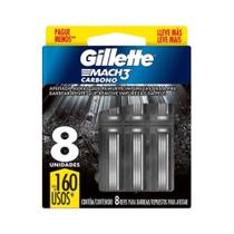 Gillette Mach3 Carbono 8 Cartuchos Carga Para Aparelho de Barbear