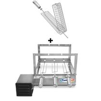 Gira Grill Inox c/ 3 Espetos Tridente + Espeto Grelha Pratic