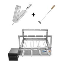 Gira Grill Inox com 4 Espetos Tridente + Espeto Grelha + Espalhador Pratic Gira Grill Inox com 4 Espetos Tridente + Espeto Grelha + Espalhador Pratic