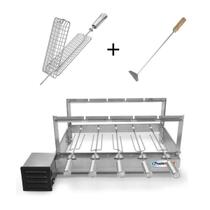 Gira Grill Inox com 5 Espetos Tridente + Espeto Grelha + Espalhador Pratic Gira Grill Inox com 5 Espetos Tridente + Espeto Grelha + Espalhador Pratic