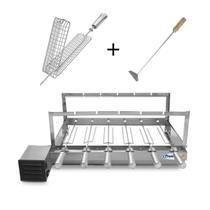 Gira Grill Inox com 6 Espetos Tridente + Espeto Grelha + Espalhador Pratic Gira Grill Inox com 6 Espetos Tridente + Espeto Grelha + Espalhador Pratic