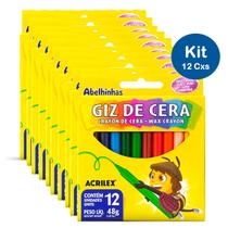 Giz de Cera Acrilex 12 Cores Kit 12 Caixas Atacado Abelhinhas Macio Super Cobertura Cores Vivas Educação Infantil
