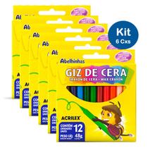Giz de Cera Acrilex 12 Cores Kit 6 Caixas Abelhinhas Macio Super Cobertura Cores Vivas Educação Infantil Fundamental