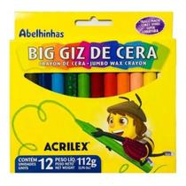 Giz de cera escolar jumbo Acrilex com 12 cores, peso 112g, cores vivas, traço macio, super cobertura