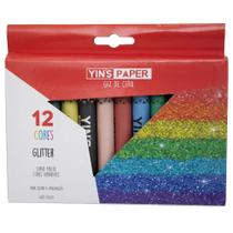 Giz de cera glitter com 12 cores escolar clássico e prático