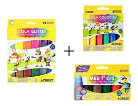 Giz de Cera Meu 1 + Cola Colrida + Cola Glitter 12 Acrilex