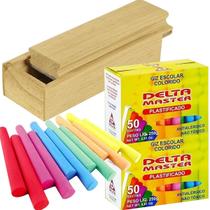 Giz De Lousa Colorido C/100 Un. e Apagador Madeira Porta Giz