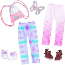 Glitter Girls Dolls by Battat 14 polegadas Doll Clothes and Accessories 2 Leggings, 2 Sapatos, Butterfly Hair Clip e Knapsack Fashion Pack Borboletas &amp Dots Brinquedos para Crianças 3 e Up (Rosa &amp Bl