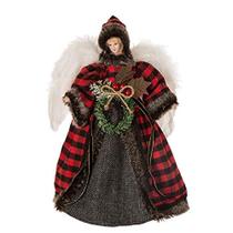 glitzhome Handmade Plaid Angel Estatueta de Natal Árvore de Natal Ornamentação ornamento 12" H - Vermelho & Preto