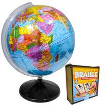 Globo Terrestre Braile Alto Relevo + Domino Braile Em Madeira Numerais Do 0 ao 9 e Alfabeto