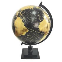 Globo Terrestre de Plástico Preto e Dourado com Base em Resina 36cm
