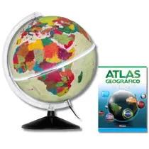 Globo Terrestre Físico Histórico Luminoso 30cm + Atlas Geográfico