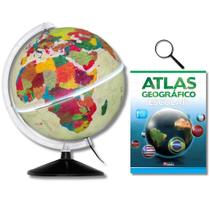 Globo Terrestre Físico Histórico Luminoso 30cm + Atlas Geográfico + Lupa