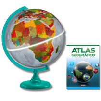 Globo Terrestre Físico Político Luminoso Base Verde 30cm + Atlas Geográfico Globo Terrestre Físico Político Luminoso Base Verde 30cm + Atlas Geográfico