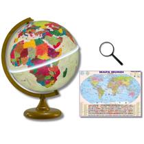 Globo Terrestre Histórico Luminoso Ouro Velho 30cm + Mapa Mundi + Lupa de Mão