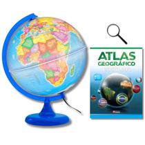Globo Terrestre Luminoso Base Azul 30cm + Atlas Geográfico + Lupa de Mão