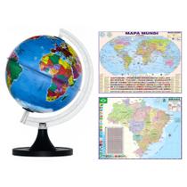 Globo Terrestre Luminoso C/ LED 21cm Diâmetro + Mapa Mundi + Mapa Do Brasil