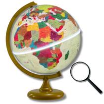 Globo Terrestre Luminoso Físico Histórico Ouro Velho 30cm + Lupa de Mão