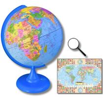 Globo Terrestre Político Bilíngue 30cm Base e régua Azul + Mapa Mundi + Lupa