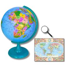 Globo Terrestre Político Bilíngue 30cm Base e régua Verde + Mapa Mundi + Lupa