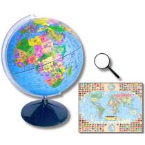 Globo Terrestre Político Bilíngue 30cm Base Preta + Mapa Mundi + Lupa